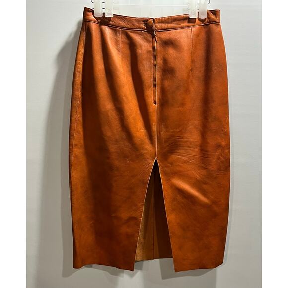 Moschino Cheap and Chic Vintage Knee-Length Orange Leather Pencil Skirt Sz 8 - Picture 3 of 16